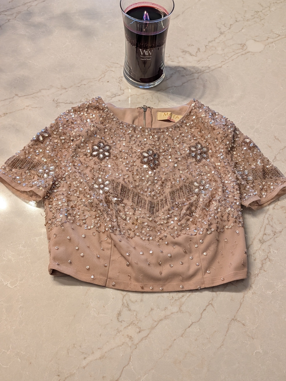 Maya Embellished Blush Short Sleeve Crop Top  Retail $60